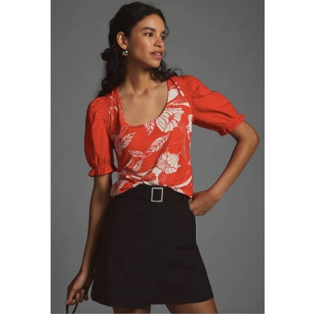 ANTHROPOLOGIE Maeve Woven Puff-Sleeve Red Floral Top Soft Scoop‎ Neck Size Large
